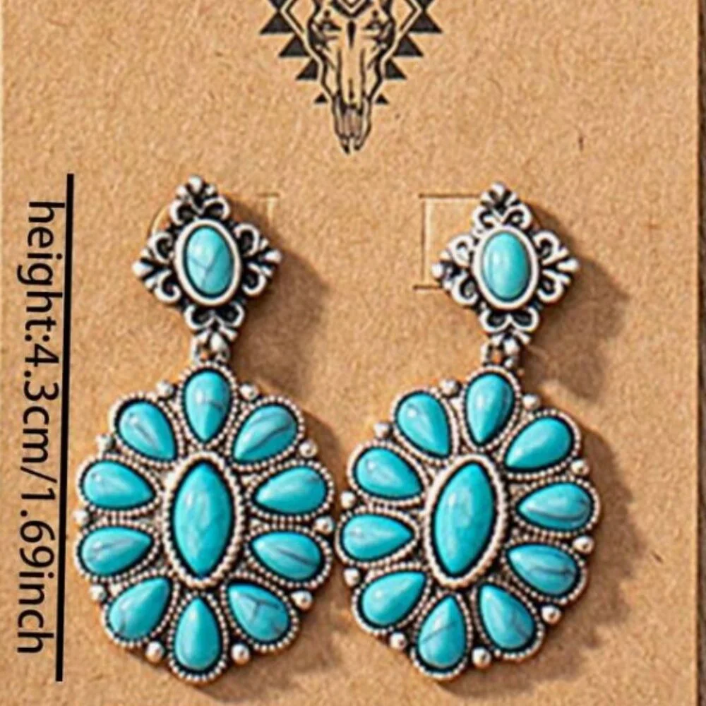 🌺Antique Silver Color Western Blue Turquoise Stone Decor Earring